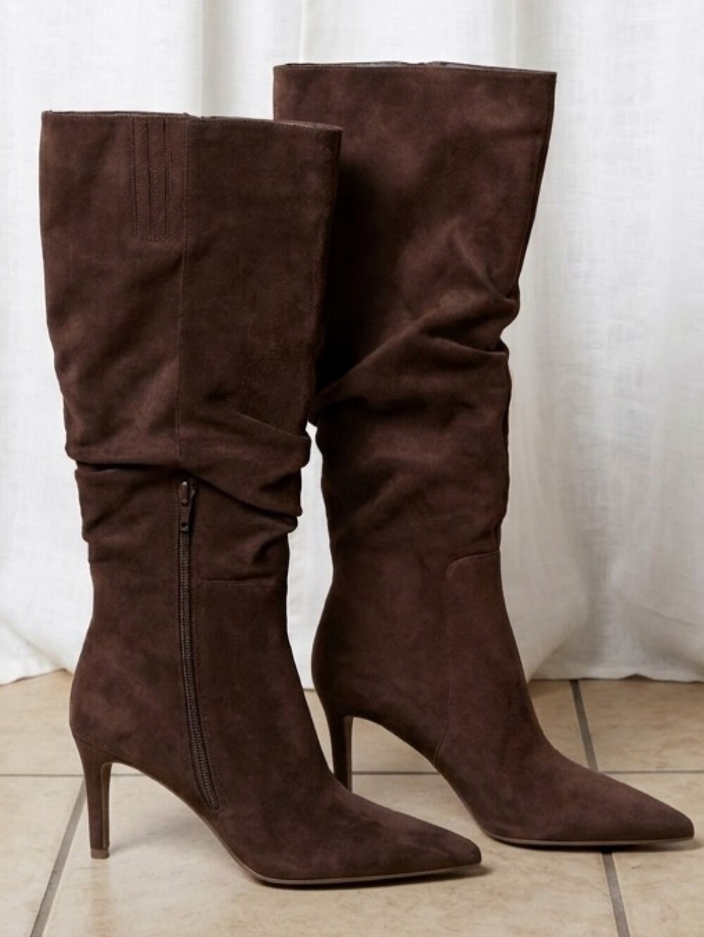 Open Edit Elara Pointed Toe Knee High Boot in Brown Chocolate